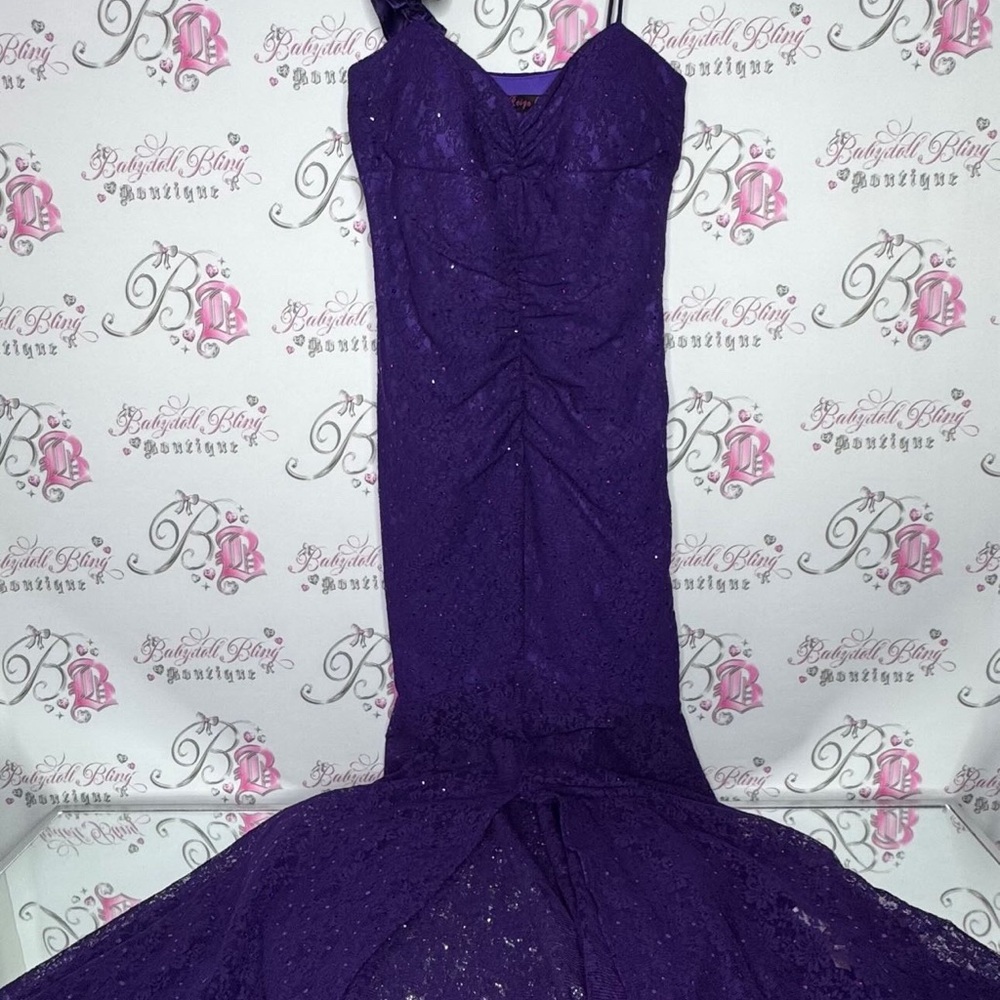 Reign on dress fancy sparkly rutched purple ball gown formal open slit mermaid - Picture 15 of 16